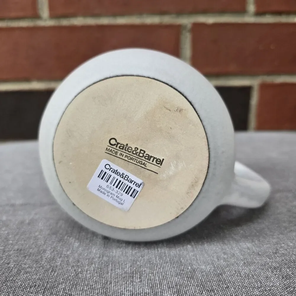 Crate & Barrel Mug Monogram L Handcrafted Artisan Stoneware Portugal Gray Black